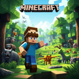 Create an image featuring characters and scenery from the Minecraft universe, including Steve and Alex exploring a lush forest with various animals and mobs in the background