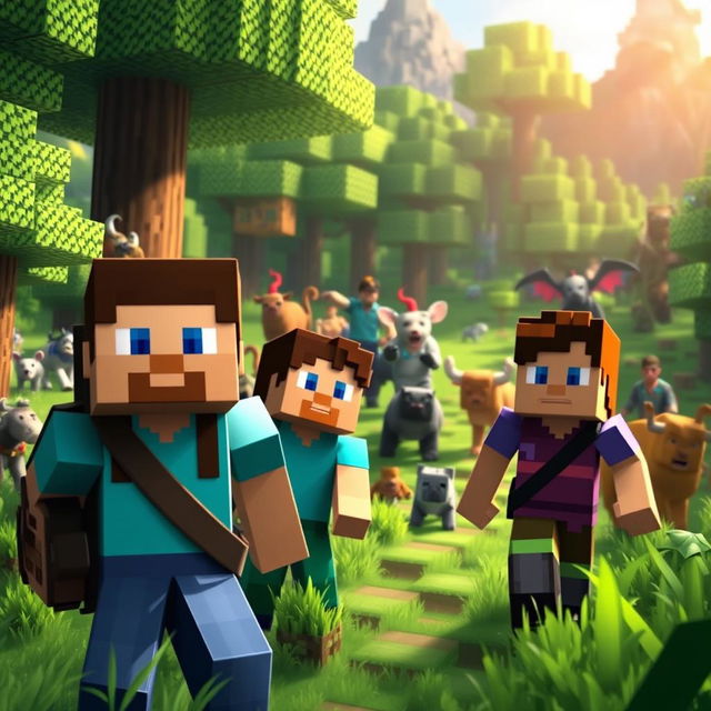 Create an image featuring characters and scenery from the Minecraft universe, including Steve and Alex exploring a lush forest with various animals and mobs in the background