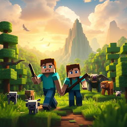 Create an image featuring characters and scenery from the Minecraft universe, including Steve and Alex exploring a lush forest with various animals and mobs in the background