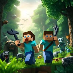 Create an image featuring characters and scenery from the Minecraft universe, including Steve and Alex exploring a lush forest with various animals and mobs in the background