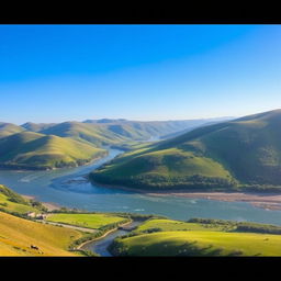 A beautiful landscape with rolling hills, a clear blue sky, and a serene river flowing through a lush green valley