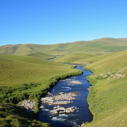 A beautiful landscape with rolling hills, a clear blue sky, and a serene river flowing through a lush green valley