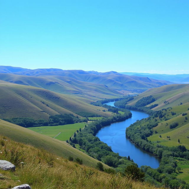 A beautiful landscape with rolling hills, a clear blue sky, and a serene river flowing through a lush green valley