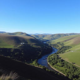 A beautiful landscape with rolling hills, a clear blue sky, and a serene river flowing through a lush green valley