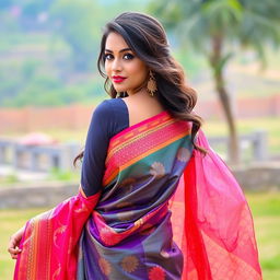 A beautiful woman wearing a traditional saree, posing gracefully