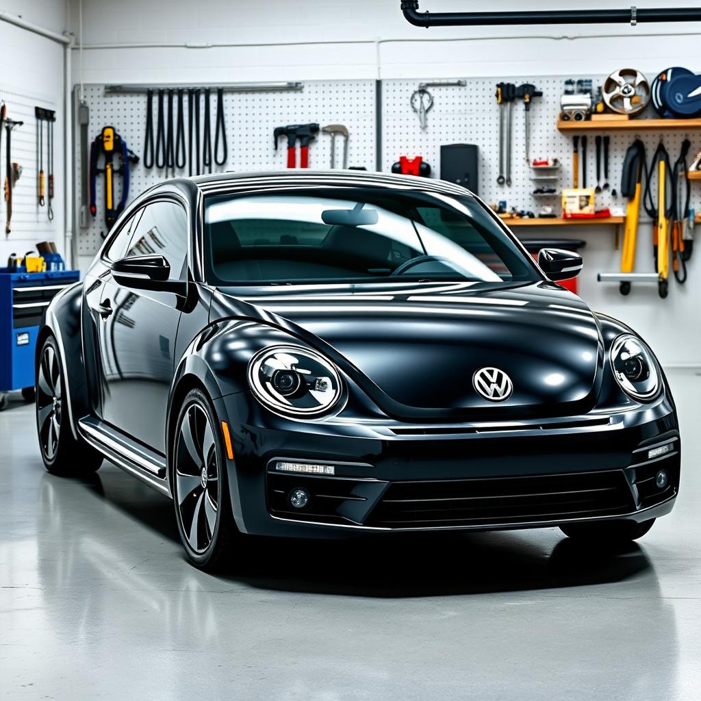 A sleek, black 2025 Volkswagen Beetle parked inside a modern garage