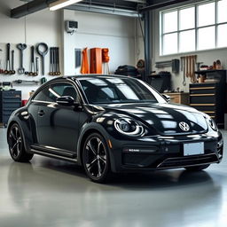 A sleek, black 2025 Volkswagen Beetle parked inside a modern garage