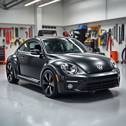 A sleek, black 2025 Volkswagen Beetle parked inside a modern garage