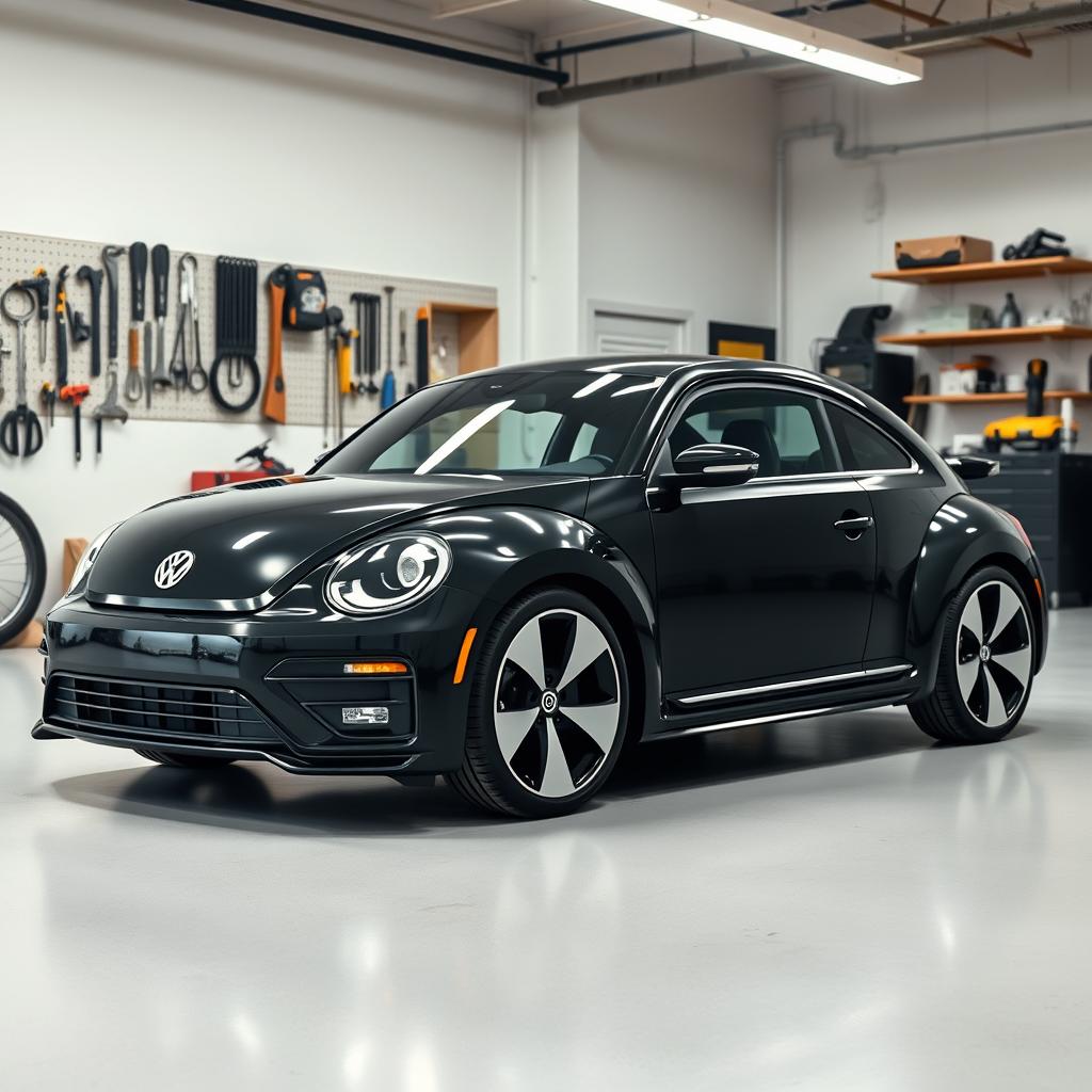 A sleek, black 2025 Volkswagen Beetle parked inside a modern garage