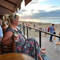 A plump blond woman with hair in pigtails is sat in a cafe overlooking the beach at Lyme Regis