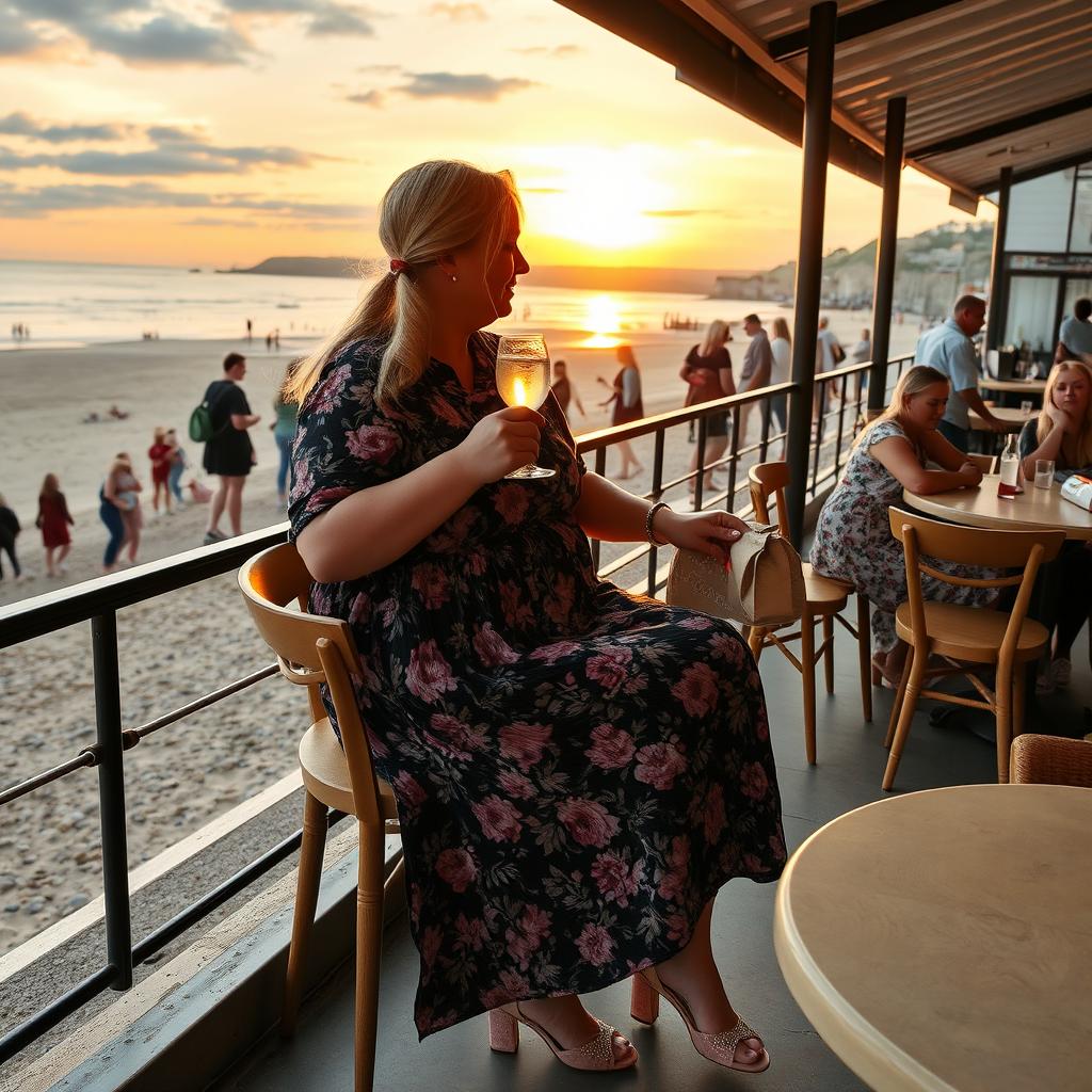 A plump blond woman with hair in pigtails is sat in a cafe overlooking the beach at Lyme Regis