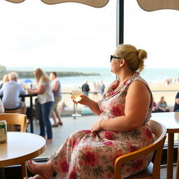 A plump blond woman with hair in pigtails is sat in a cafe overlooking the beach at Lyme Regis