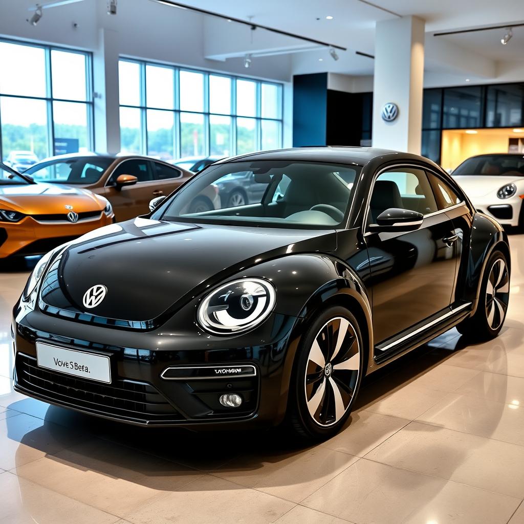 A sleek, black 2025 Volkswagen Beetle displayed in an auto saloon with a resolution of 1280 × 720 pixels