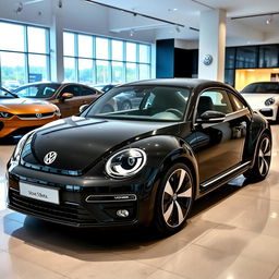 A sleek, black 2025 Volkswagen Beetle displayed in an auto saloon with a resolution of 1280 × 720 pixels