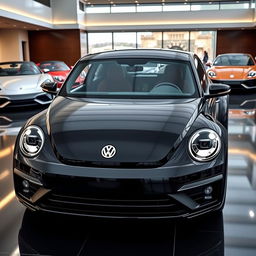 A sleek, black 2025 Volkswagen Beetle displayed in an auto saloon with a resolution of 1280 × 720 pixels