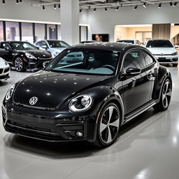 A sleek, black 2025 Volkswagen Beetle displayed in an auto saloon with a resolution of 1280 × 720 pixels