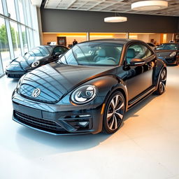 A sleek, black 2025 Volkswagen Beetle displayed in an auto saloon with a resolution of 1280 × 720 pixels