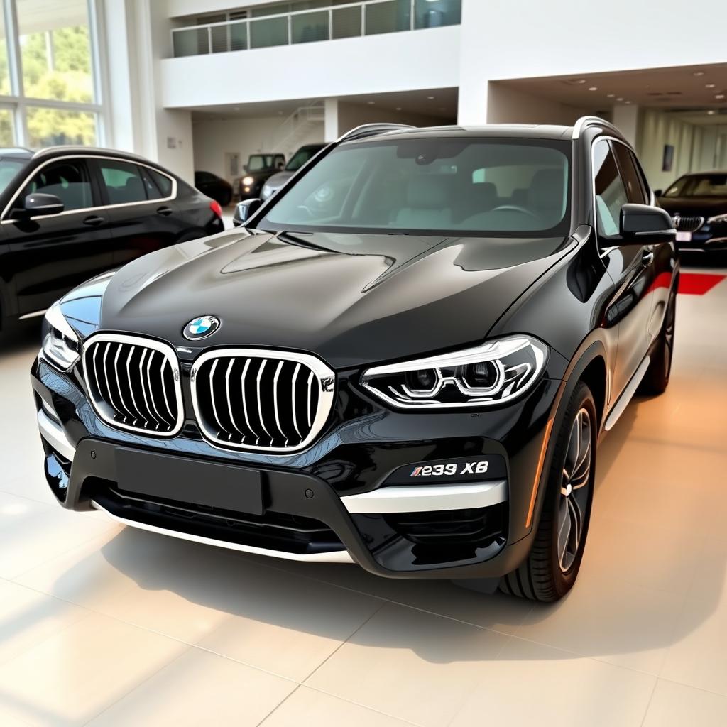 A sleek, black 2025 BMW X3 displayed in an auto saloon with a resolution of 1280 × 720 pixels