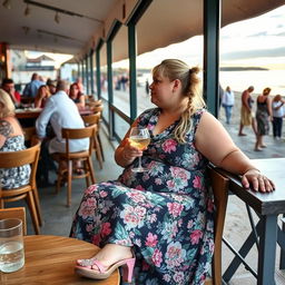 A plump blond woman with hair in pigtails is sitting in a cafe overlooking the beach at Lyme Regis