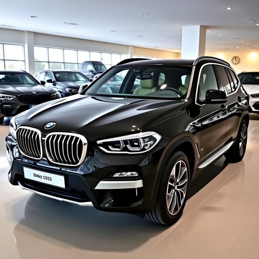 A sleek, black 2025 BMW X3 displayed in an auto saloon with a resolution of 1280 × 720 pixels