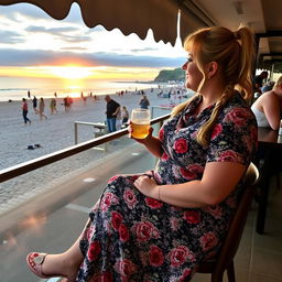 A plump blond woman with hair in pigtails is sitting in a cafe overlooking the beach at Lyme Regis