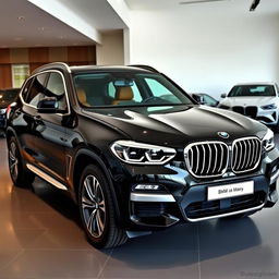 A sleek, black 2025 BMW X3 displayed in an auto saloon with a resolution of 1280 × 720 pixels