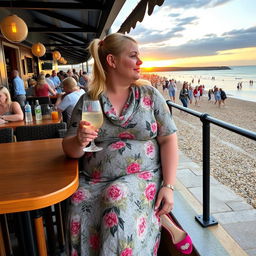 A plump blond woman with hair in pigtails is sitting in a cafe overlooking the beach at Lyme Regis