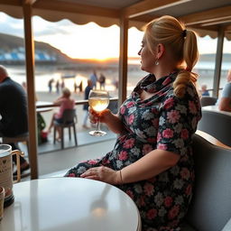 A plump blond woman with hair in pigtails is sitting in a cafe overlooking the beach at Lyme Regis