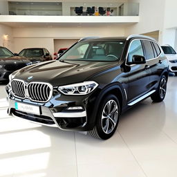 A sleek, black 2025 BMW X3 displayed in a saloon with a resolution of 1280 × 720 pixels