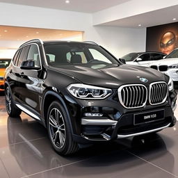 A sleek, black 2025 BMW X3 displayed in a saloon with a resolution of 1280 × 720 pixels