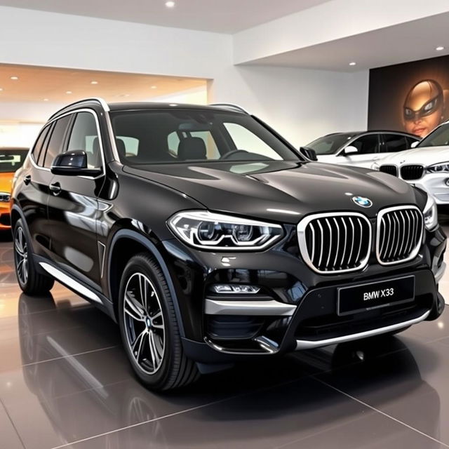 A sleek, black 2025 BMW X3 displayed in a saloon with a resolution of 1280 × 720 pixels