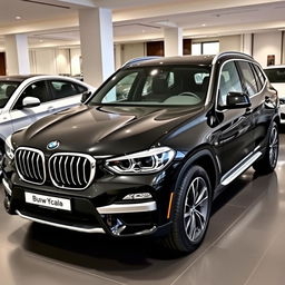 A sleek, black 2025 BMW X3 displayed in a saloon with a resolution of 1280 × 720 pixels