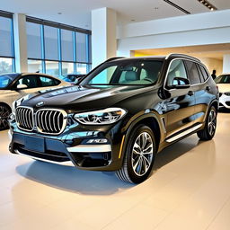 A sleek, black 2025 BMW X3 displayed in a saloon with a resolution of 1280 × 720 pixels