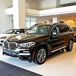 A sleek, black 2025 BMW X3 displayed in a saloon with a resolution of 1280 × 720 pixels