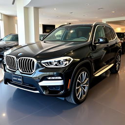 A sleek, black 2025 BMW X3 displayed in a saloon with a resolution of 1280 × 720 pixels