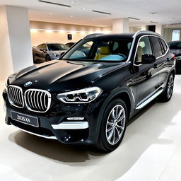 A sleek, black 2025 BMW X3 displayed in a saloon with a resolution of 1280 × 720 pixels