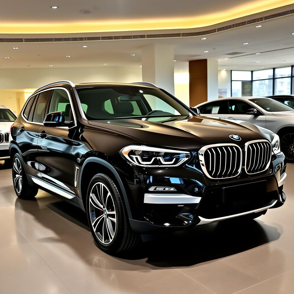 A sleek, black 2025 BMW X3 displayed in a saloon with a resolution of 1280 × 720 pixels