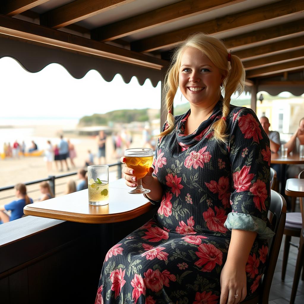 A chubby and plump blond woman with hair in pigtails is sitting in a cafe overlooking the beach at Lyme Regis