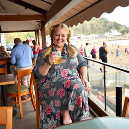 A chubby and plump blond woman with hair in pigtails is sitting in a cafe overlooking the beach at Lyme Regis