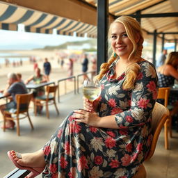 A chubby and plump blond woman with hair in pigtails is sitting in a cafe overlooking the beach at Lyme Regis