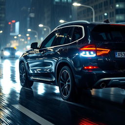 A sleek, black 2025 BMW X3 driving at night in the rain