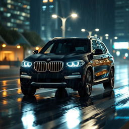 A sleek, black 2025 BMW X3 driving at night in the rain