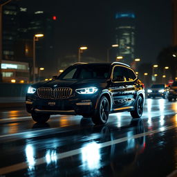 A sleek, black 2025 BMW X3 driving at night in the rain