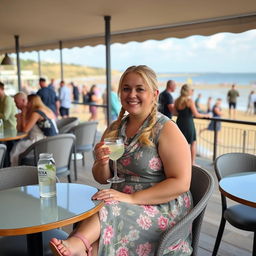 A curvy blond woman with hair in pigtails is sitting in a cafe overlooking the beach at Lyme Regis