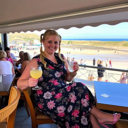 A curvy blond woman with hair in pigtails is sitting in a cafe overlooking the beach at Lyme Regis