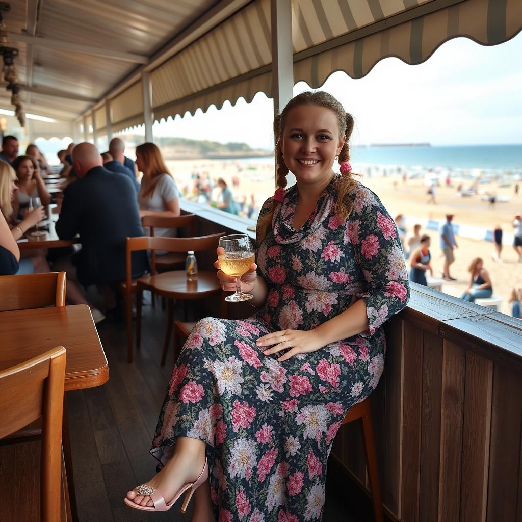 A curvy blond woman with hair in pigtails is sitting in a cafe overlooking the beach at Lyme Regis