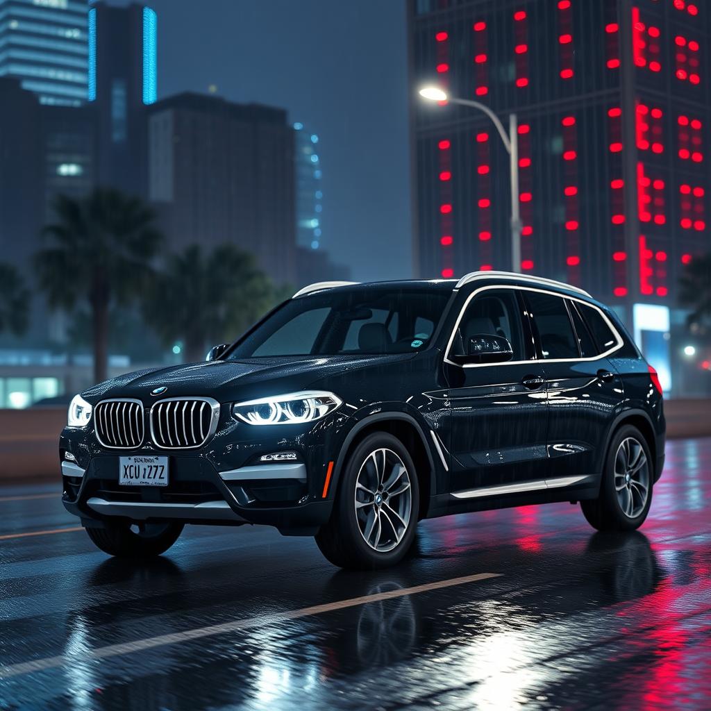 A sleek, black 2025 BMW X3 driving at night in the rain