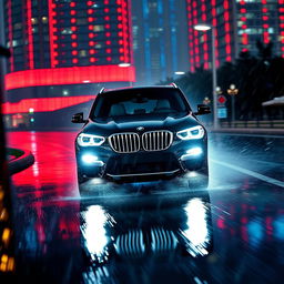 A sleek, black 2025 BMW X3 driving at night in the rain