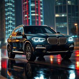 A sleek, black 2025 BMW X3 driving at night in the rain