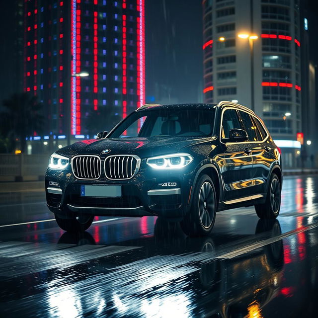 A sleek, black 2025 BMW X3 driving at night in the rain